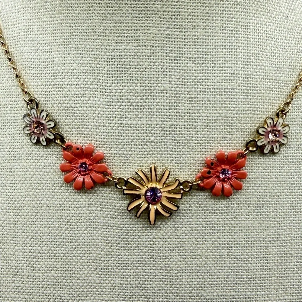 Gold Tone Pink Floral Rhinestone Necklace Daisy Coquette Cottagecore Gift